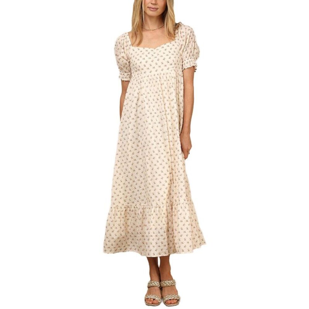 Cream Floral Puff-Sleeve Maxi Dress